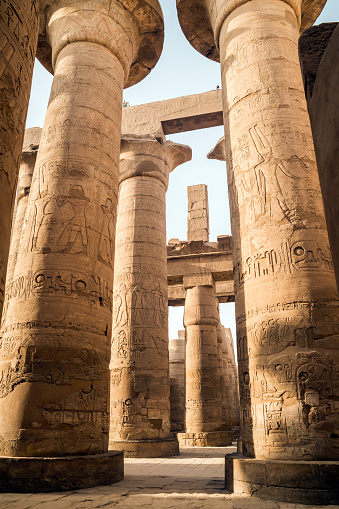 Carved hieroglyphs at the hypostyle hall, Karnak Temple Complex, El-Karnak, Luxor Governorate, Egypt