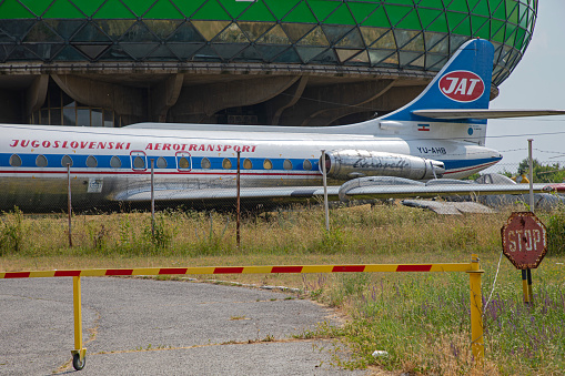 Belgrade, Serbia - July 05, 2021: Yugoslav Air Transport Sud Aviation Caravelle Aircraft Jat in Front of Aeronautical Museum at Nikola Tesla Airport.