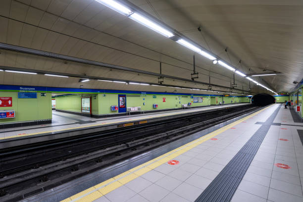 Madrid, Spain, September 2022.  interior view of a deserted metro station in the city center