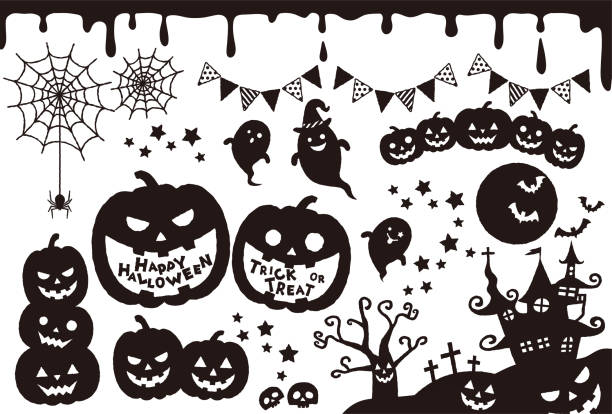 Monochrome cute halloween illustration set Monochrome cute halloween illustration set spinning web stock illustrations