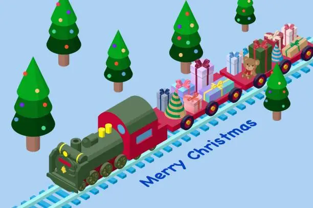 Vector illustration of Isometric illustration of an SL train carrying presents through a forest of Christmas trees, no main line