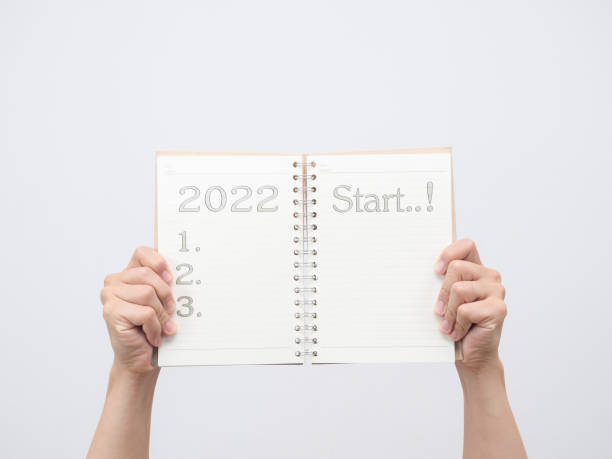 istock Hand showing blank page diary with 2022 and start message check list 1426902348