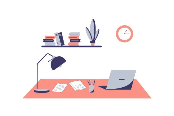 Vector illustration of Freelance workplace. Home or office workspace with a desk, laptop computer, lamp, pencil cup, clock and books shelf on the wall. Modern flat style pink vector illustration.