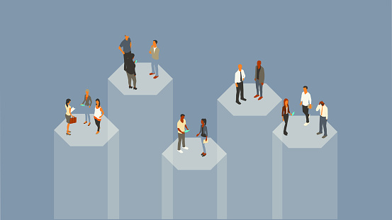 13 business people stand on 5 hexagonal pillars or silos that appear to be transparent and made of glass. Vector illustration presented in isometric view on a gray blue background, using a 16 x 9 ratio.