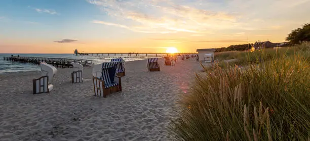 Panoramic view of the beach and the pier of Zingst at sunrise