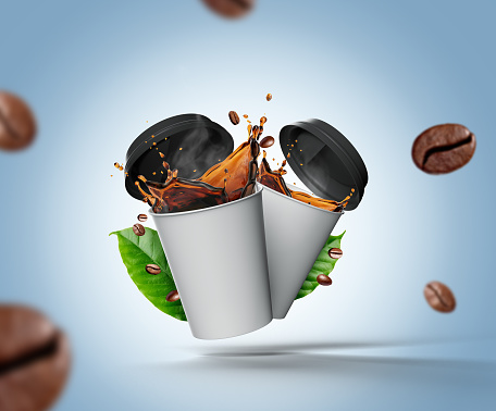 advertising poster of Two coffee cups with coffee flying and beans, coffee cup social media post, coffee cup ads design in a creative way