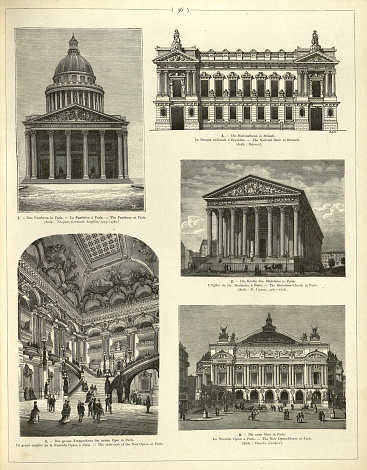 Vintage illustration of Examples of Neoclassicism architecture, Pantheon, Paris, National Bank Brussels, L'église de la Madeleine church Paris, New Opera house Paris