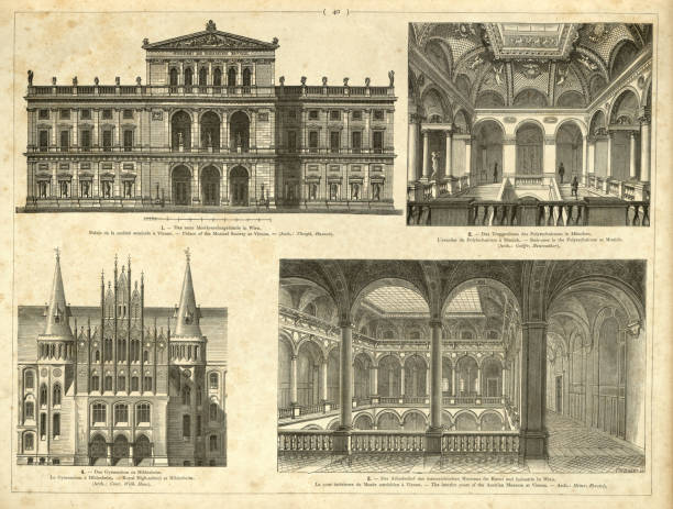 illustrations, cliparts, dessins animés et icônes de exemples d’architecture traditionnelle, palace musical society vienna, polytechnicum munich, royal high school hildesheim, musée autrichien de vienne - palace vienna indoors museum