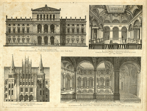 Vintage illustration of Examples of traditional architecture, Palace Musical Society Vienna, Polytechnicum Munich, Royal High school Hildesheim, Austrian museum Vienna