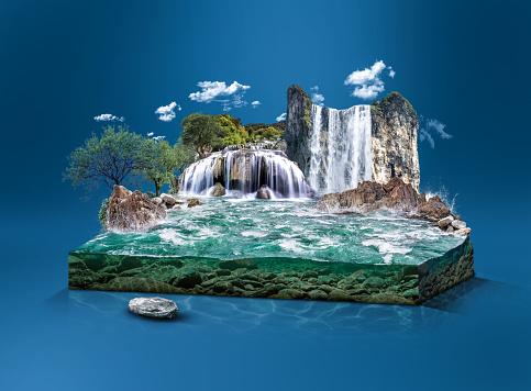 3d illustration of beautiful landscape with waterfall scene isolated. Waterfall creative design isolated