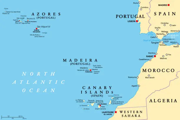 Vector illustration of Azores, Madeira, and Canary Islands, autonomous regions, political map