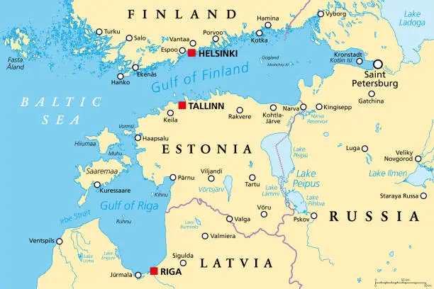 Vector illustration of Gulf of Finland and Gulf of Riga region, Nordic countries, political map