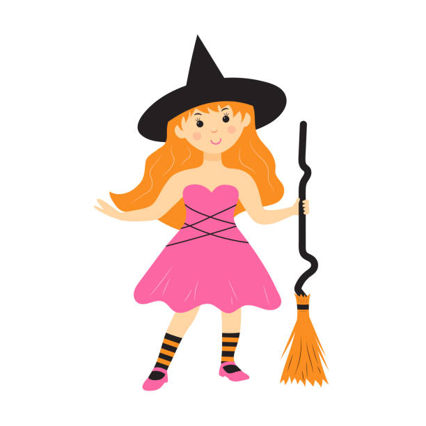 istock Cute witch with broom. Little witch girl cartoon character isolated on white background. 1426913699