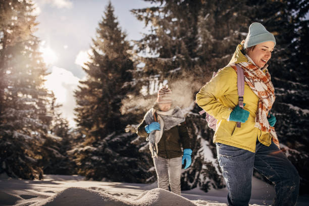 Hiking through snow on mountain