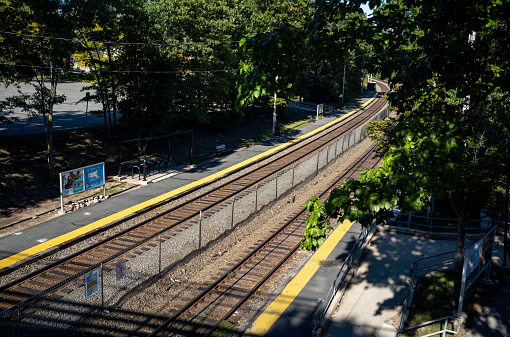 Views of the Wellesley Square commuter train station in Wellesley, MA, a suburb of Boston, MA