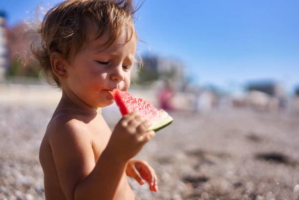 Adorable Young Toddler Eats Delicious Ripe Watermelon by the Ocean on Beautiful Beach During the Summer. stock photo