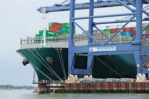 Felixstowe, Suffolk, England -  October 11, 2023: Large Container Ship \