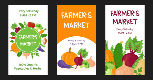 농민 시장 배너 또는 스토리 템플릿. 소셜 네트워크 게시물의 디자인은 다양한 유기농 및 신선한 현지 채소와 허브로 제공됩니다. - farmers market agricultural fair carrot vegetable stock illustrations