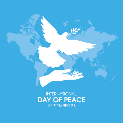 Human hand with dove of peace white silhouette icon vector. September 21 each year. Important day