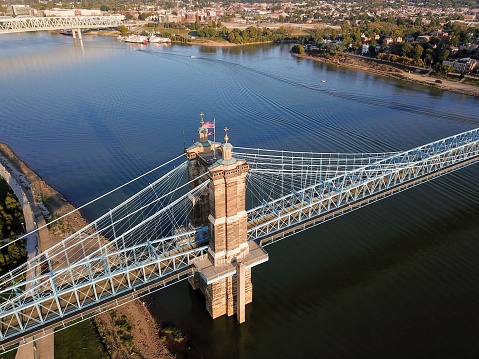 Aerial Photo of John a Roebling suspension bridge Cincinnatti Ohio over the Ohio river