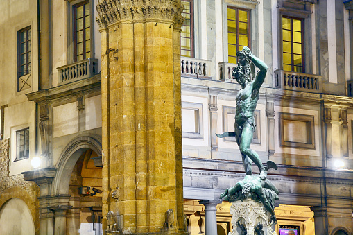Novi Sad, Serbia, January 14th 2019. - Statue of Mercury/Hermes sculpure of famous sculptor Djordje Jovanovic, at the top of the dome of old building in Novi Sad, Serbia