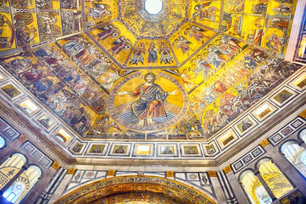Mosaic-covered interior of the octagonal dome of Florence Baptistery, Tuscany, Italy
