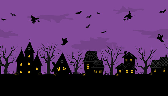 Halloween town. Creepy houses. Seamless border. Black silhouettes of houses and trees on purple background. There are also bats, ghosts, witches, pumpkins in the picture. Vector image