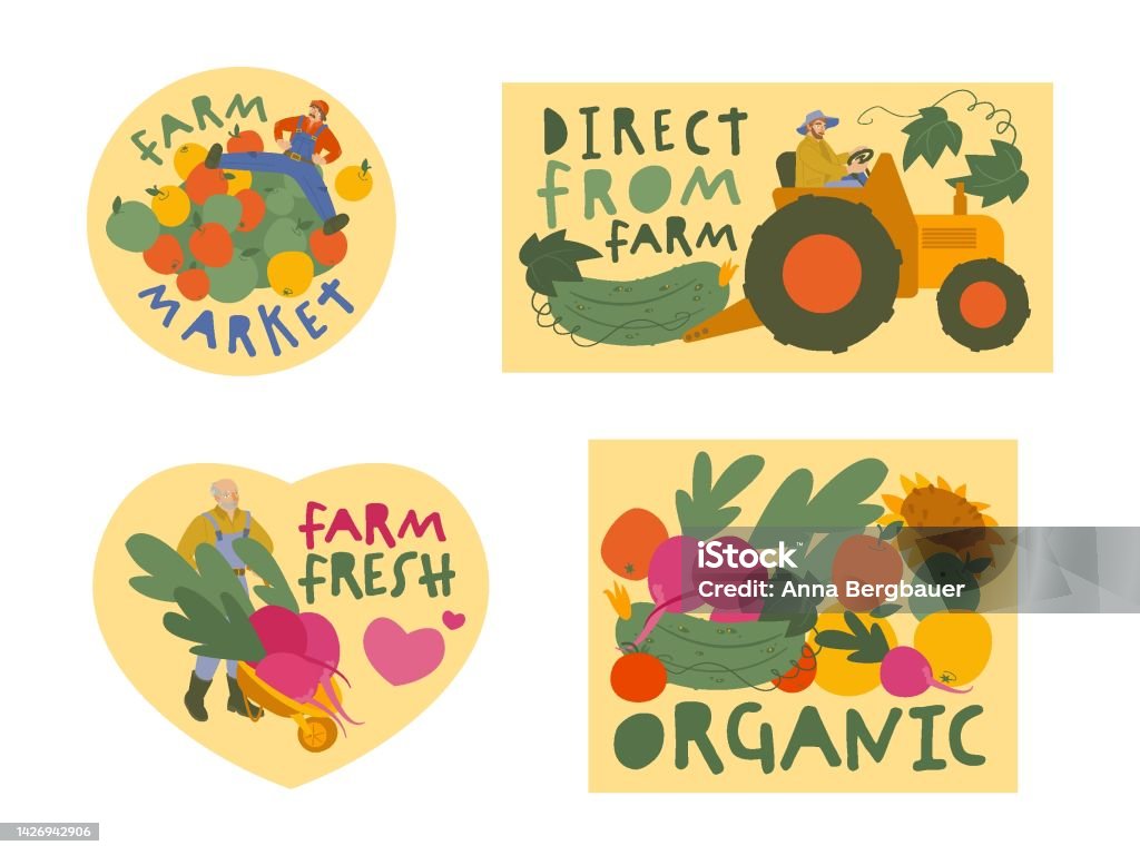 Biolebensmittel Gartenarbeit Landwirtschaft Aufkleber Etikettensammlung  Stock Vektor Art und mehr Bilder von Landwirtschaftsmesse - iStock
