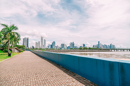 Wide Angle View of the Skyline of Panama City, Panama from Las Bóvedas Park