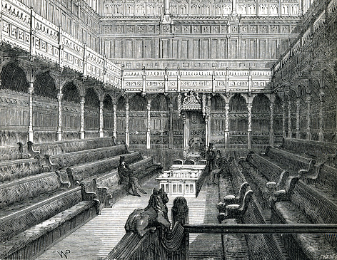 Interior of House of Commons inside Houses of Parliament London England. Illustration 18th or 19th Century. Where Prime ministers and other MPs sit.