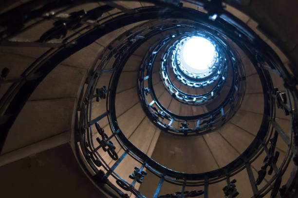 Spiral staircase inside of St Stephen Basilica in Budapest, looking up to the top of the dome, artistic