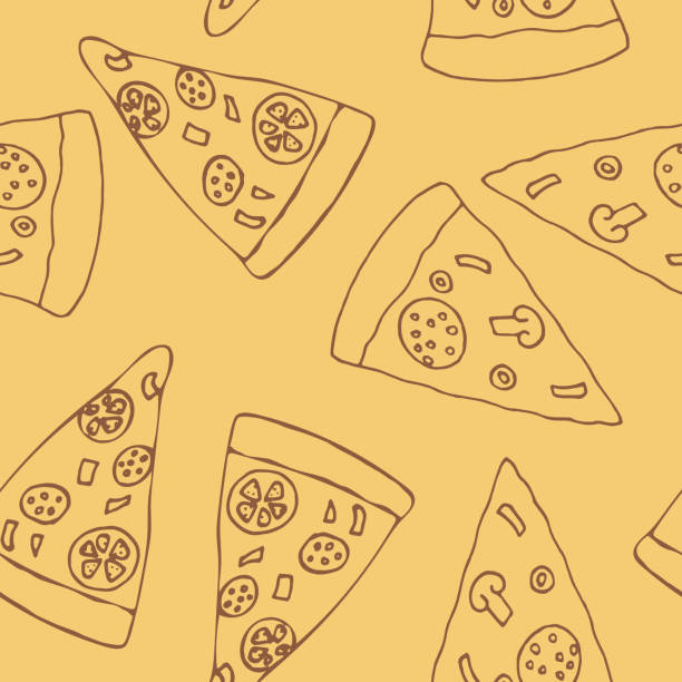 피자 이음새가 없는 무늬 손으로 낙서 스타일로 그려져 있습니다. 메뉴, 포장, 포장지, 벽지, 배경, 섬유, 디지털 용지에 적합합니다. - pizza illustration and painting italian cuisine salami stock illustrations