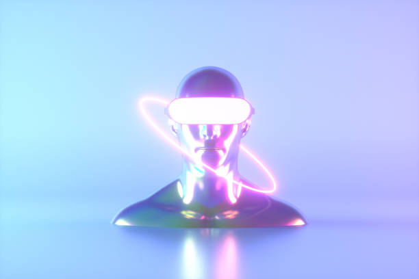 istock Cyborg wearing virtual reality glasses neon lighting 1426954882