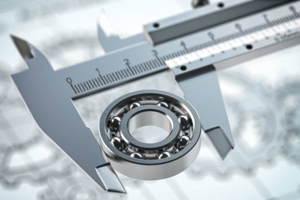 Bearings with trammel on technical drawing background. Engineering, industrial and production concept. 3d illustration