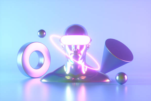istock Cyborg wearing virtual reality glasses neon lighting 1426955543