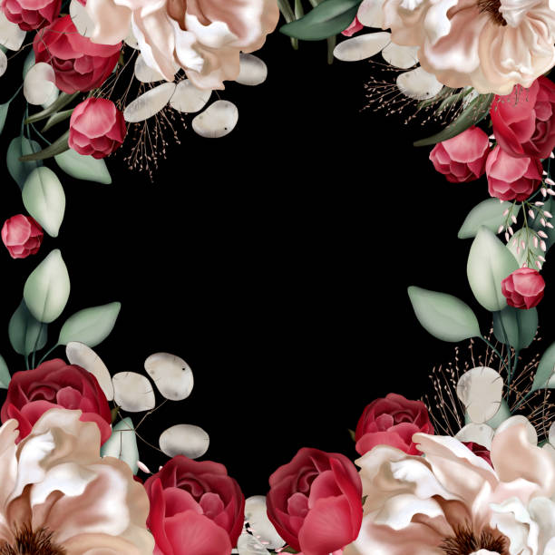 istock Elegant card with peonies, roses and eucalyptus leaves. 1426955944