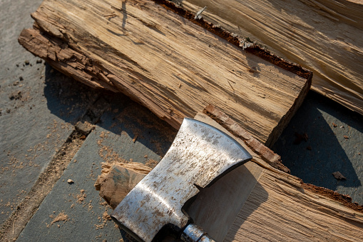 Axe with a brown wooden handle and a black head lodged into a piece of wood or tree stump in a forest or a natural outdoor environment with blurred greenery in the back