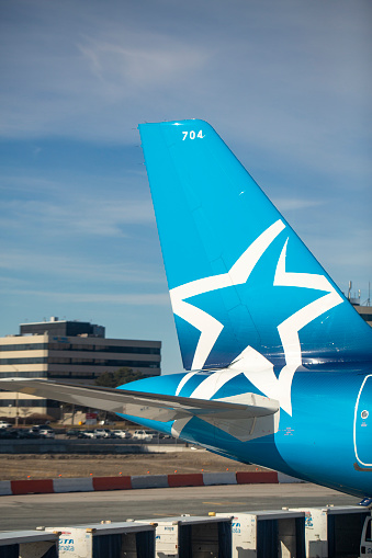 Tail of Air Transat Airbus A321-271NX aircraft with registration C-GOIJ at Toronto Pearson International Airport in March 2022.