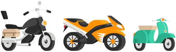 Vector illustration of Bike and motorbike flat vector transport set. Motorcycle and scooter, bike and moped, motor bicycle