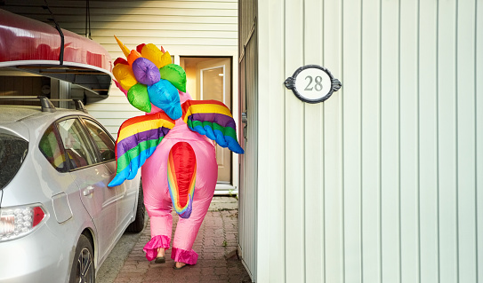 Rear view of a person wearing an inflatable unicorn costume walk by car in garage of the house