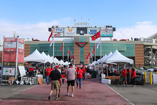 Louisville, KY USA  September 24, 2022: A crowd of people tailgating at a University of Louisville football game at Cardinal Stadium in Louisville, Kentucky