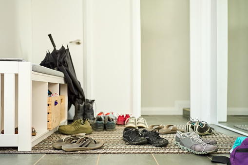 Different types of shoes scattered on door mat at home