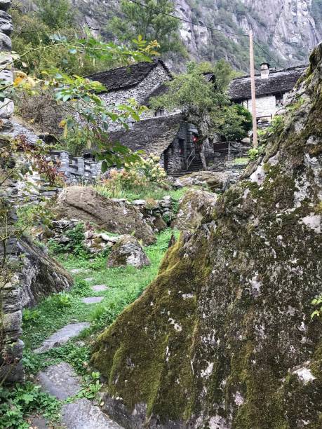 swiss - canton ticino - vallemaggia - ritorto village - waterfall falling water maggia valley switzerland foto e immagini stock