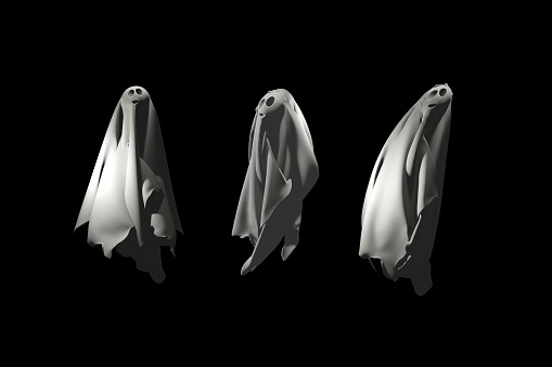 Creepy Halloween ghosts isolated on black background. 3D render illustration.