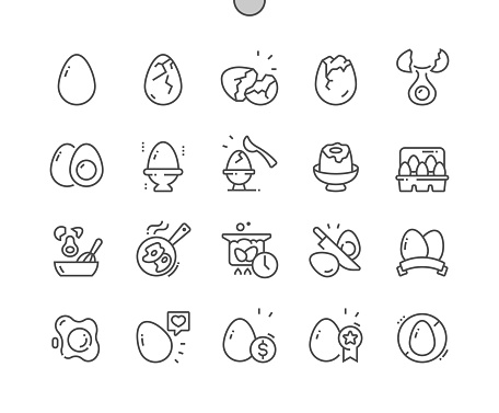 Eggshell. Scrambled eggs. Food shop, supermarket. Menu for cafe. Pixel Perfect Vector Thin Line Icons. Simple Minimal Pictogram