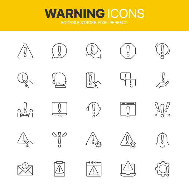 ilustrações de stock, clip art, desenhos animados e ícones de warning icon set. security, error, attack, exclamation mark, warning sign and others. caution, alert icons, danger and hazard symbol set - technology business support violence