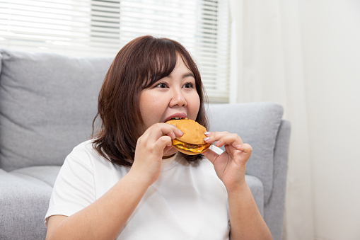 Overweight Woman Enjoy Eatting Beef Cheese Burger