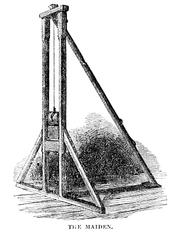 The British Maiden, and early version of the French Guillotine, was used to execute Scottish Regent James Douglas, 4th Earl of Morton. Illustration published in an 1863. Source: Original edition is from my own archives. Copyright has expired and is in Public Domain.