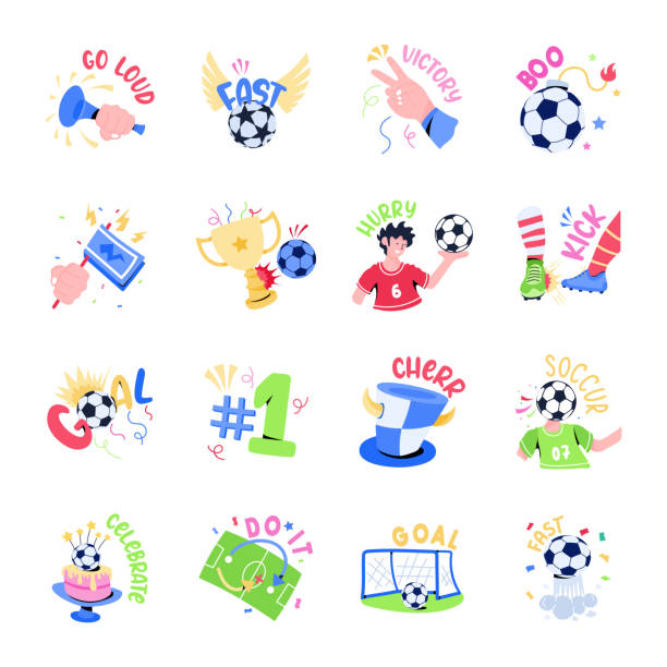 ilustraciones, imágenes clip art, dibujos animados e iconos de stock de pegatinas planas del campeonato de fútbol - bugle