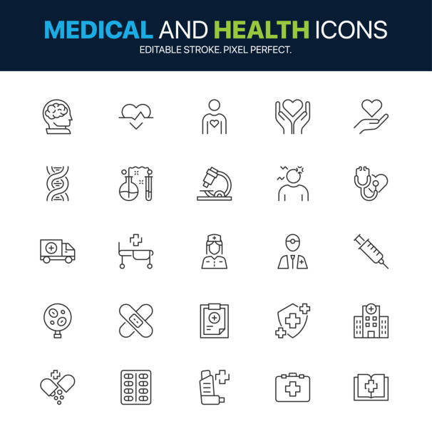 Medical icon and healthcare icon set. Medicine, pill, drug, diagnosis, prescription, hospital and other. Editable stroke and pixel perfect Simple set of medicine and health symbols. Editable stroke medical icon and healthcare icon set. Minimal thin line web icon set. Medicine, pill, drug, diagnosis, prescription, hospital and more symbol. hazardous waste symbol stock illustrations